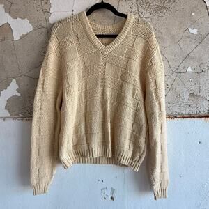 Vintage Sweater Textured Knit Ivory Pullover Coastal Classic V Neck Quiet Luxury